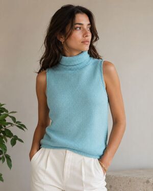 Ralph Lauren VTG Purple Label Silk Sleeveless Turtleneck Sweater Aqua Italy Sz L